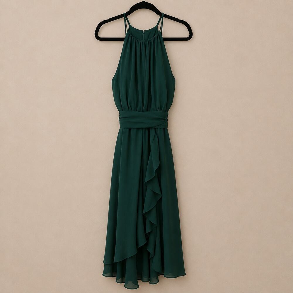 NEW JJ's House Vadele Peacock Bow Ruffle Chiffon Asymmetrical Cocktail Dress